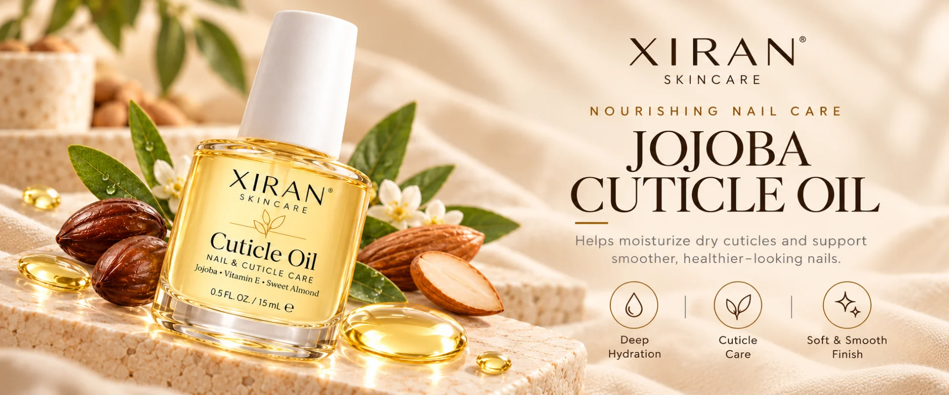 XIRAN jojoba cuticle oil bottle placed on a textured beige surface, surrounded by almonds, jojoba seeds, and white blossoms.